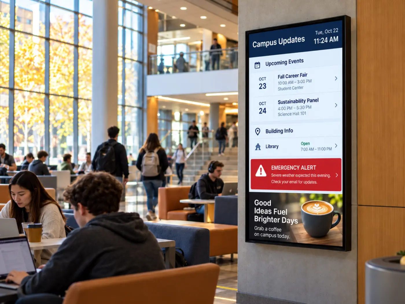 Emplace screen in a university campus common area showing Winners ad